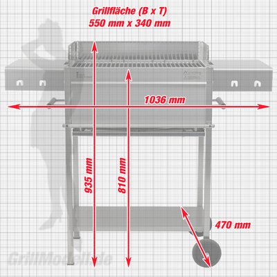 Masse des Holzkohlegrills und Edelstahlgrills Edelstar L Comfort