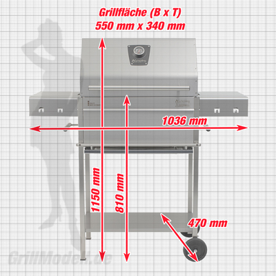 Masse des Holzkohlegrills und Edelstahlgrills Edelstar L Comfort