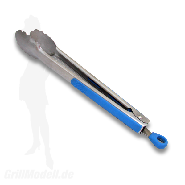 Grillzange aus Edelstahl mit blauen Silikongriff Grillzange aus Edelstahl mit blauen Silikongriff